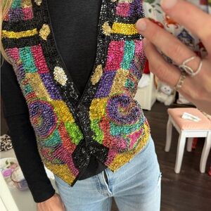 Vintage Beaded Sequin Vest Colorful Psychedelic Festival Statement Top S/M